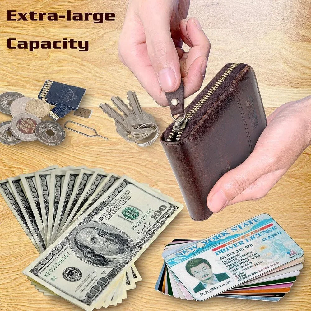 Men's Genuine Leather Dark Brown Short Zip Around Pockets Bifold Wallet Card